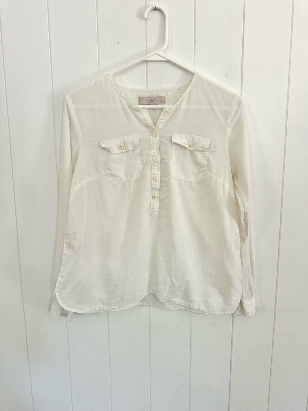 LOFT White Button-Front Long-Sleeve Henley Blouse